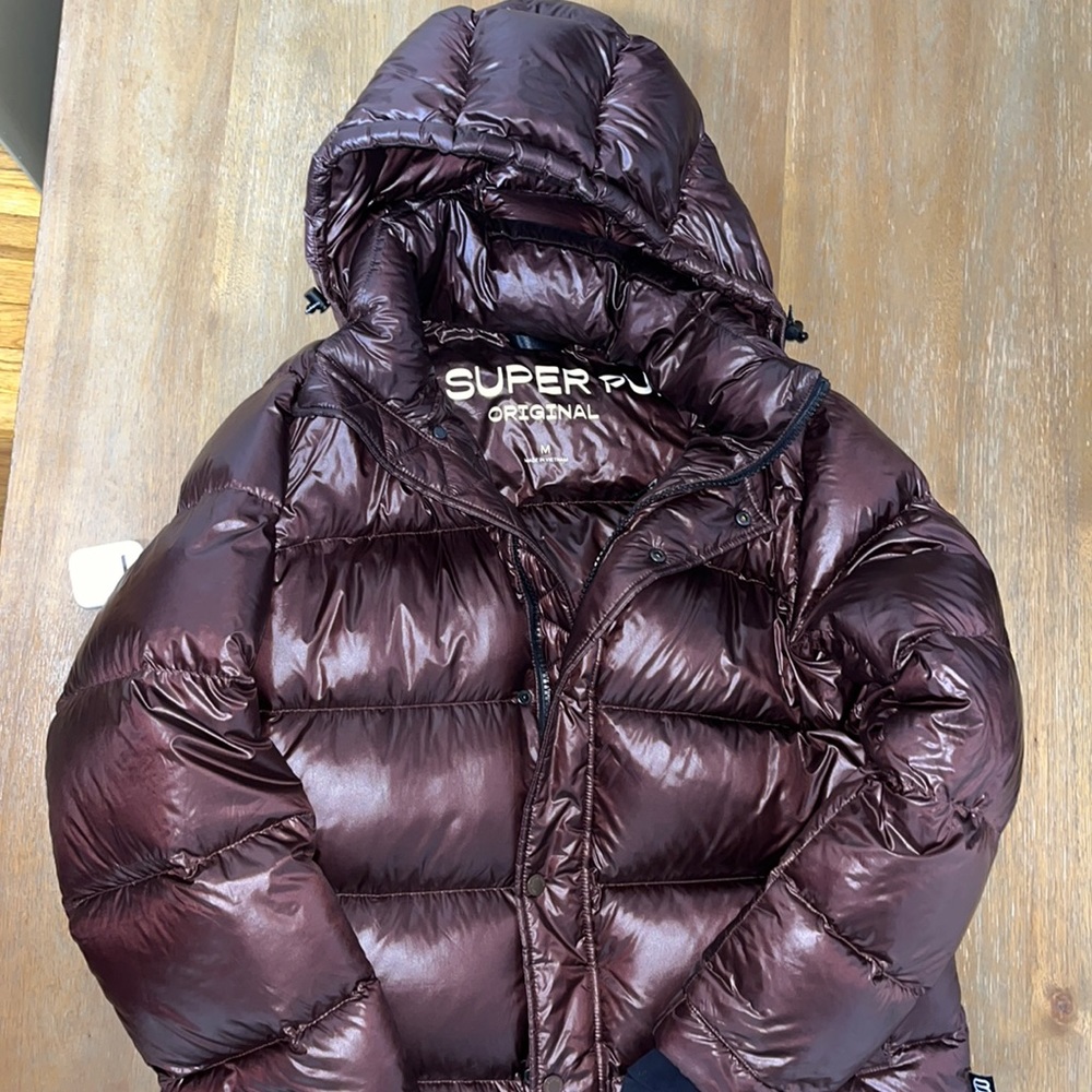Shiny brown aritzia super puff puffer coat medium length (just under butt)